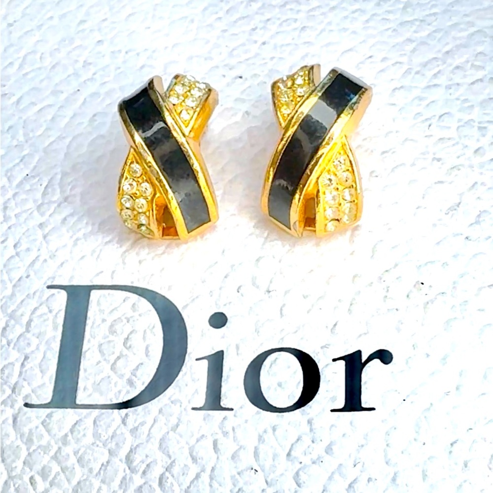 Christian Dior X Criss Cross Black Enamel Swarovski Crystal Clip Earrings